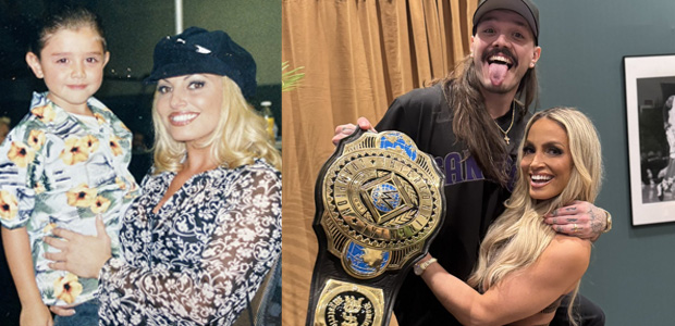 Dominik Mysterio and Trish Stratus then and now